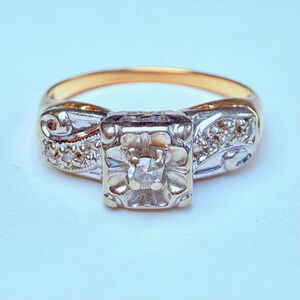 Estate 14K Solid Gold .10 CT Diamond Old European Cut Art Deco Antique Ring